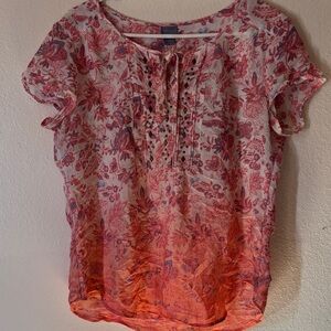 Laura Scott Coral and Pink Floral Tie-Front Short Sleeve Blouse